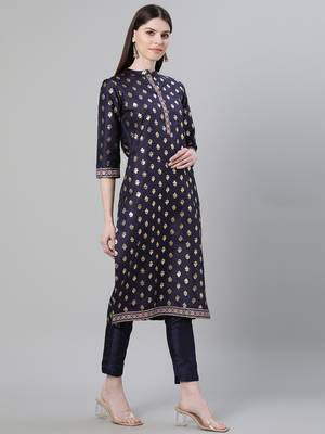 Navy-blue printed art silk kurtas-and-kurtis 2