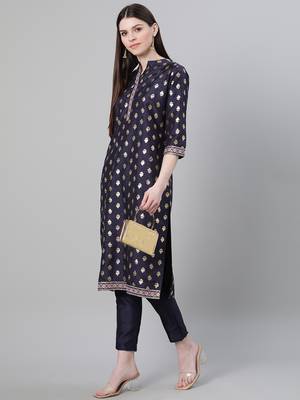 Navy-blue printed art silk kurtas-and-kurtis 5