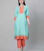 Turquoise printed art silk kurtas-and-kurtis