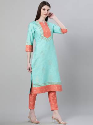 Turquoise printed art silk kurtas-and-kurtis 2