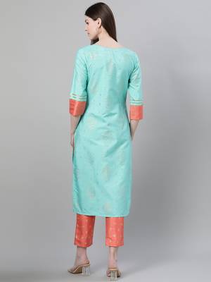 Turquoise printed art silk kurtas-and-kurtis 3