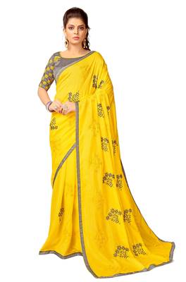 Yellow embroidered silk blend saree with blouse 1