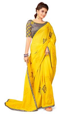 Yellow embroidered silk blend saree with blouse 2