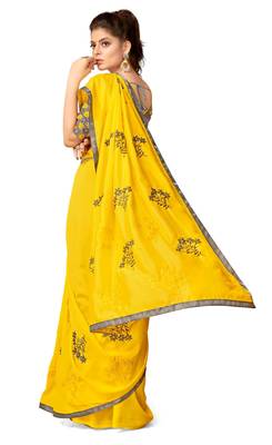 Yellow embroidered silk blend saree with blouse 3