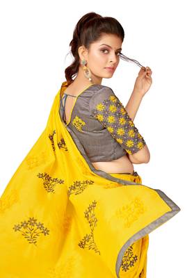 Yellow embroidered silk blend saree with blouse 4