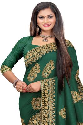 Green embroidered silk blend saree with blouse 2