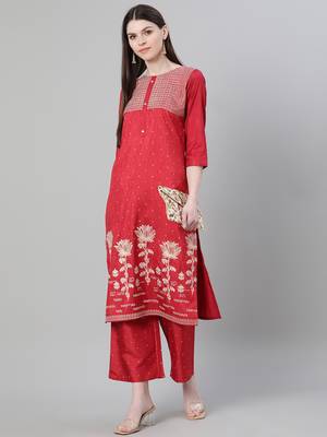 Red printed art silk kurtas-and-kurtis 5