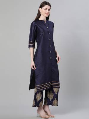 Navy-blue plain art silk kurtas-and-kurtis 2