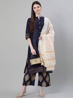 Navy-blue plain art silk kurtas-and-kurtis 5