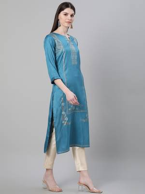 Blue printed art silk kurtas-and-kurtis 2