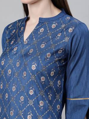 Teal printed art silk kurtas-and-kurtis 4