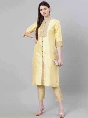 Yellow plain art silk kurtas-and-kurtis 5