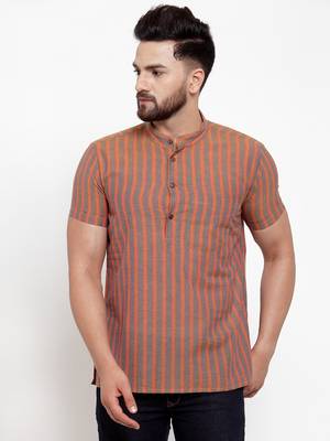 Brown Orange Striped Cotton H/S Short Kurta 1