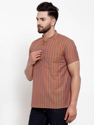 Brown Orange Striped Cotton H/S Short Kurta 3