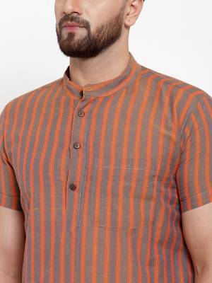 Brown Orange Striped Cotton H/S Short Kurta 4