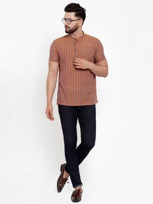 Brown Orange Striped Cotton H/S Short Kurta 5