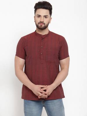 Maroon Self Striped Cotton H/S Short Kurta 1