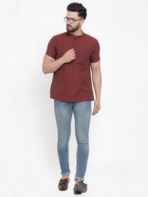 Maroon Self Striped Cotton H/S Short Kurta 5