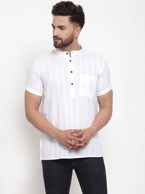 White Self Striped Cotton H/S Short Kurta 1