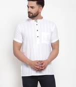 White Self Striped Cotton H/S Short Kurta