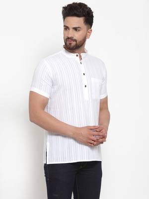 White Self Striped Cotton H/S Short Kurta 3
