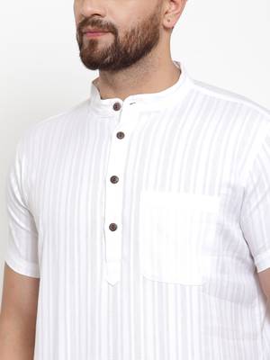 White Self Striped Cotton H/S Short Kurta 4