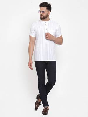 White Self Striped Cotton H/S Short Kurta 5