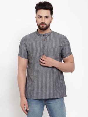 Grey Self Striped Cotton H/S Short Kurta 1