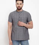 Grey Self Striped Cotton H/S Short Kurta