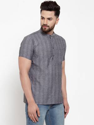 Grey Self Striped Cotton H/S Short Kurta 3