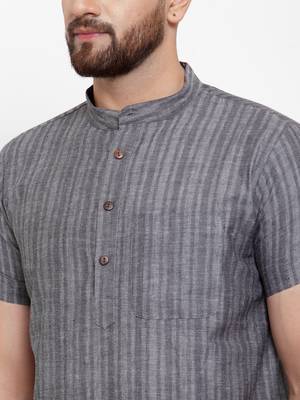 Grey Self Striped Cotton H/S Short Kurta 4
