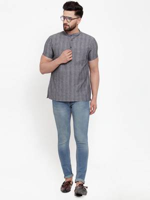 Grey Self Striped Cotton H/S Short Kurta 5