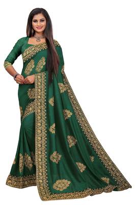 Green embroidered silk blend saree with blouse 1