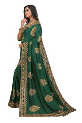 Green embroidered silk blend saree with blouse 4