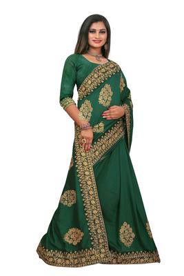 Green embroidered silk blend saree with blouse 5