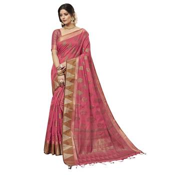 Pink woven chanderi saree with blouse 1