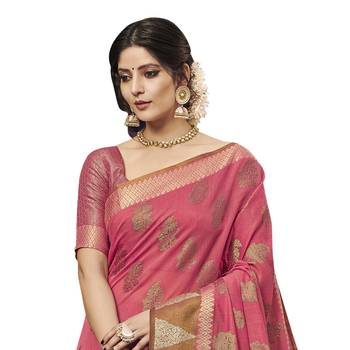 Pink woven chanderi saree with blouse 2