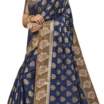 Blue woven chanderi saree with blouse 3