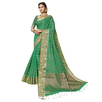 Green woven chanderi saree with blouse 1