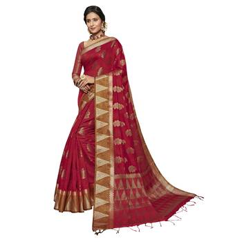 Red woven chanderi saree with blouse 1