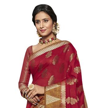 Red woven chanderi saree with blouse 2