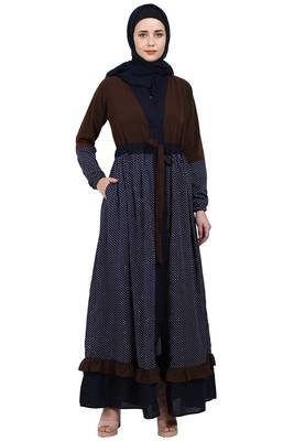 Classic front open abaya with polka dot- Coffee-Navy Blue 1