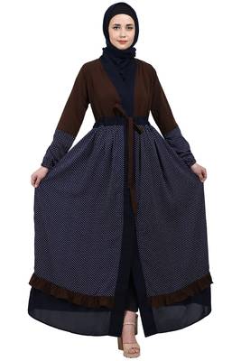 Classic front open abaya with polka dot- Coffee-Navy Blue 2