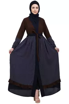 Classic front open abaya with polka dot- Coffee-Navy Blue