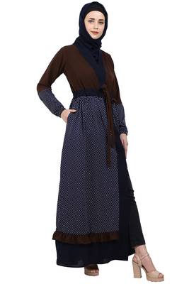 Classic front open abaya with polka dot- Coffee-Navy Blue 3