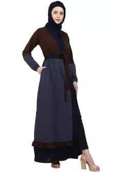 Classic front open abaya with polka dot- Coffee-Navy Blue
