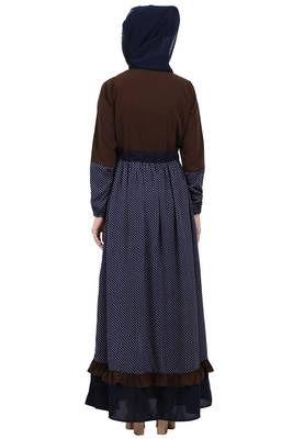 Classic front open abaya with polka dot- Coffee-Navy Blue 5