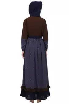 Classic front open abaya with polka dot- Coffee-Navy Blue