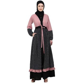 Classic front open abaya with polka dot- Pink-Black 1