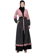 Classic front open abaya with polka dot- Pink-Black
